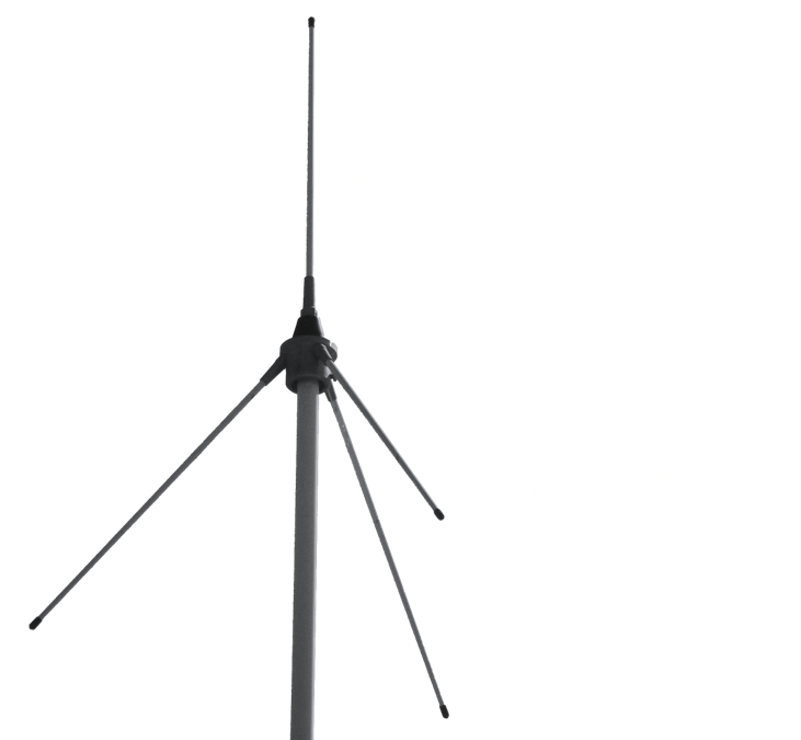 A ground-plane radio antenna: a vertical driven element above angled radial wires that form the counterpoise.